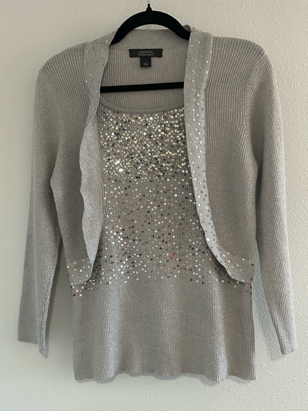 dressbarn Collection Silver Sequin Knit Top and Cardigan Set